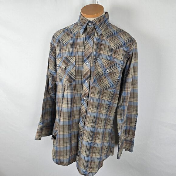 ATB Authentic Western Shirt Men 16 32/33 Brown Blue Plaid Snap Down - Picture 16 of 16